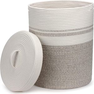 Opvouwbare wasmand met deksel - Wasverzamelaar gevlochten manden XXL - Wit bruin katoenen mand opbergmand groot (37 x 52 cm)
