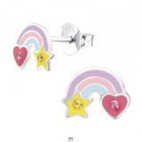 Oorbellen meisje | Oorbellen kind | Zilveren oorstekers, pastel regenboog met ster en hart met kristal