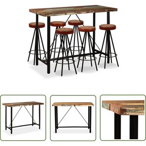 The Living Store Barset massief gerecycled hout, echt leer en canvas 7-delig - Bartafel - Industrieel Design - Houten Bartafel - Barstoel - Barkruk