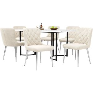 Merax Eethoek 7-delig - 140x80 cm Eettafel met 6 Eetkamerstoelen - Moderne Keukentafel Set - Witte Stoelen met Zwarte IJzeren Poten