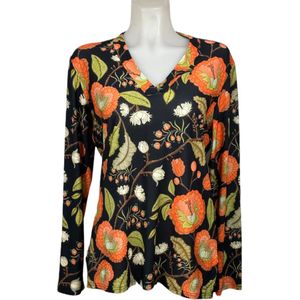 Angelle Milan – Travelkleding voor dames – Zwart Oranje bloemen blouse – Ademend – Kreukvrij – Duurzame Jurk - In 5 maten - Maat XL