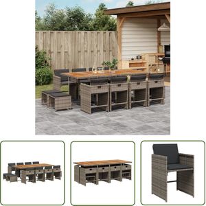 The Living Store 13-delige Tuinset met kussens poly rattan grijs - Tuinset - Buitendecoratie - Lounge Set - Eetkamerset - Patio Furniture