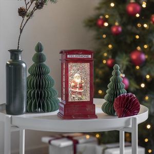 Kerstlantaarn 20 cm voor binnen - Telefooncel kerstman - Warm wit - Sneeuwlantaarn - Kerstverlichting op batterijen