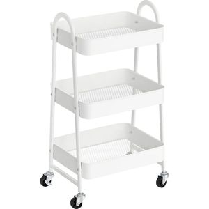 Trolley met 3 niveaus, metalen serveerwagen, keukentrolley, keukenplank met handgrepen, 2 remmen, eenvoudig te monteren, voor schildergerei, slaapkamer, wasruimte, wit