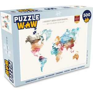 Puzzel Wereldkaart - Quotes - Waterverf - Kinderen - Jongen - Meisjes - Bucketlist - Legpuzzel - Puzzel 500 stukjes