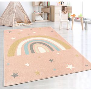 the carpet Beat Kids Modern Zacht Kinderdeken, Zachte pool, gemakkelijk te reinigen, Kleurecht, Regenboogpatroon, Roze, 120 cm Rond