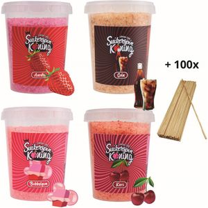 Suikerspin Suiker - Aardbei - Cola - Bubbelgum - Kers incl. ± 100 suikerspin stokjes  - 4 potten x 400 gram