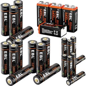 EBL Set van Oplaadbare 12x AA, 8x AAA en 4x 9 Volt Batterijen