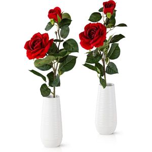Set van 2 rode kunstrozen in witte keramische vazen ​​(46 cm): Elegante kunstrozen Decoratie Rode rozen Kunstbloemen in pot Decoratieve rozen Kunstbloemen in pot Kunstrozen