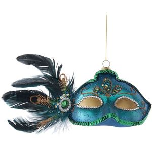 Kurt S. Adler Kerstornament - Masker met Pauwveren - glas - blauw - 22cm