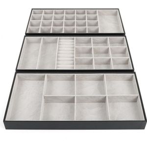 3 Pak Zwarte Faux Lederen Stapelbare Sieraden Organizer Opslag Rekken - 18 x 36 x 3,6 cm - Kastlade Display Dozen voor Ringen, Armbanden & Oorbellen