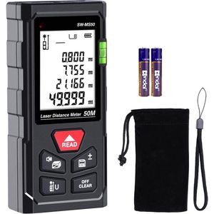 Laserafstandsmeter 50M - Digitale Laser Meter met Waterpassen - LCD Scherm met Achtergrondverlichting - IP54 Stof- en Spatwaterdicht - Afstand, Oppervlakte, Volume en Pythagoras Meting - Nauwkeurige Meetinstrument