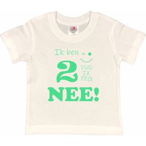 T-shirt Kinderen ""Ik ben 2 dus ik zeg NEE!"" | korte mouw | Wit/mint | maat 86/92