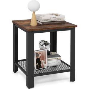 COSTWAY Industriële bijzettafel woonkamer, 2-laags huiseind Smalle tafels Nachtkastje met opbergplank Verstelbare voeten voor kleine ruimtes, Vintage-stijl houten plank, stabiel en stevig metalen frame (Bruin en zwart)