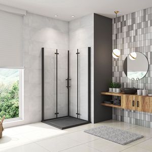 Douchecabine met twee vouwdeuren, mat zwart Profiel, B:90 x D:80 x H:195cm,6mm NANO EasyClean veiligheidsglas
