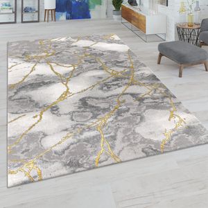 Paco Home Laagpolige Vloerkleden Grijs Goud Zacht Woonkamer Marmer-Look Versch. Designs 80x300 cm