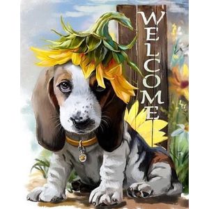 Denza - Diamond painting hond met welcome bord 40 x 50 cm volledige bedrukking ronde steentjes direct leverbaar - dog - welkom - zonnebloem