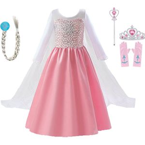 Prinsessenjurk meisje - Prinsessen speelgoed - Het Betere Merk - Roze jurk - Prinsessen verkleedkleding - maat 140/146 (150) - carnavalskleding - cadeau meisje - kleed - kroon - tiara - toverstaf - vlecht - handschoenen