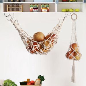 Hangende Fruitmand,2pcs Macramé Hangmat Voor Fruit Met Houten Ring Handgemaakt Praktisch Mesh Voor Keuken Groente Fruit Opslag Op Te Slaan(met ring)