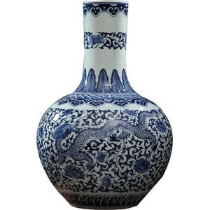 Fine Asianliving Grote Chinese Vaas Blauw Wit Dragon Handbeschilderd D21xH53cm