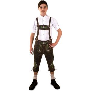 PartyXplosion - Boeren Tirol & Oktoberfest Kostuum - Lederhose Bruin Deluxe Driekwart Met Groene Borduursels Man - bruin - Maat 60 - Bierfeest - Verkleedkleding - Carnaval kostuum heren