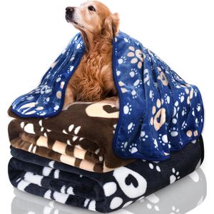 3 stuks hondendekens, superzachte verdikte flanellen deken voor huisdieren, wollige honden-/kattendeken, wasbaar, hondendekens voor honden, grote schattige pootafdruk, 110 x 80 cm, (zwart +