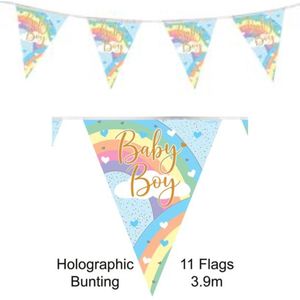 Vlaggenlijn geboorte jongen - Vlaggetjes - Gender reveal - Babyshower - Versiering - Decoratie - Regenboog - Folie - Pastelkleuren - multicolor
