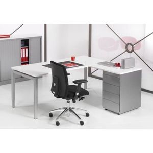 ABC Kantoormeubelen 4-poots hoekbureau met ladenblok kubus 180 x160cm ladeblok 4 lades met pennenlade bladkleur lichtgrijs framekleur wit (ral9010) hoek links