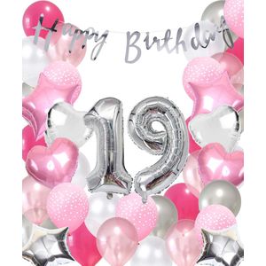Snoes Ballonnen 19 Jaar Pink Blush Silver Mega Ballon - Compleet Feestpakket 19 Jaar - Verjaardag Versiering Slinger Happy Birthday – Folieballon – Latex Ballonnen - Helium Ballonnen - Zilver en Roze Verjaardag Decoratie