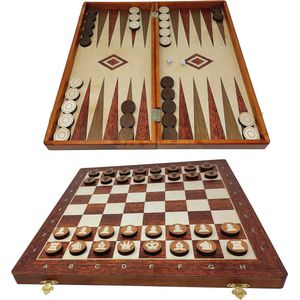 3-in-1 Schaakspel, Dam en Backgammon - Hoogwaardig Inklapbaar Houten Schaakbordset met Speelstenen - 48 x 48 cm