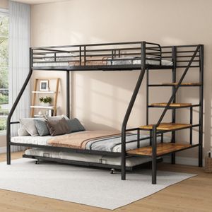 Stapelbed, 90 x 200cm en 140 x 200cm, metalen bedframe, ijzeren bed, stapelbed met uitschuifbed, met opbergladder, voor kinderen, tieners en volwassenen, zwart