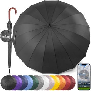 Grote Winddichte Paraplu 54 Inch - Automatisch Open - Voor 2 Personen - XXL Formaat - Golf Klassiek Design - Stormvast - Houten Handvat - Sterke 16 Ribben - 120 cm - Zwart