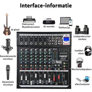 Mengpaneel - Audio Mixer - 8-Kanaals - FX Reverb - Delay - 48V Fantoomvoeding - Studio DJ