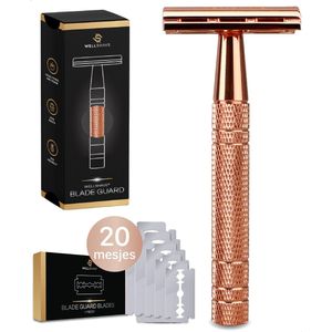 Wellshave Safety Razor Rosé Goud - RVS + 20 Scheermesjes - Vrouwen & Mannen - Scheermes - Veiligheidsscheermes - Double Edge - Single Blade