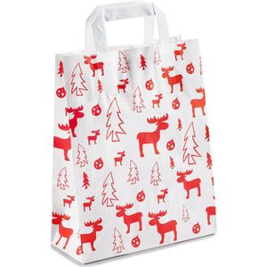 25 x papieren Kersttassen / Kerst draagtassen / Kersttasjes ""Red Elk"" Met Platte Oren 22 x 10 x 28cm - Wit | Rood