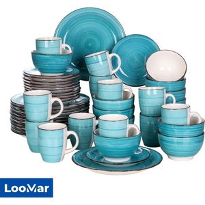 LooMar Serviesset – 48 delig – 12 persoons – Porselein - Luxe – Bordenset – Dinner platen – Dessertborden - Licht Blauw - Wit