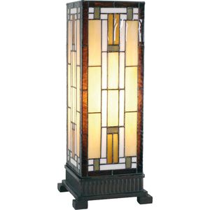 HAES DECO - Tiffany Tafellamp 18x45 cm Bruin Beige Glas Vierkant Tiffany Bureaulamp Tiffany Lampen Glas in Lood