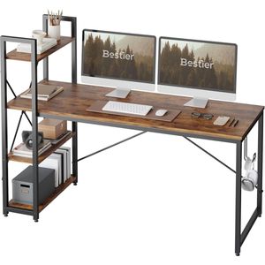 Computertafel met opbergvakken, bureau, klein, met planken, 160 cm, omkeerbare computertafel met boekenplank voor thuiskantoor, kleine ruimte