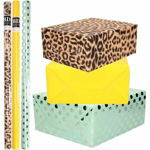 12x Rollen kraft inpakpapier/folie pakket - panterprint/geel/mint groen met zilveren stippen 200 x 70 cm - dierenprint papier