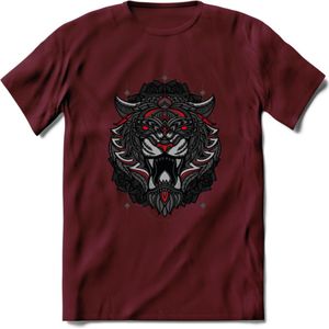 Tijger - Dieren Mandala T-Shirt | Rood | Grappig Verjaardag Zentangle Dierenkop Cadeau Shirt | Dames - Heren - Unisex | Wildlife Tshirt Kleding Kado | - Burgundy - S