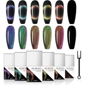 Cat Eye Gel Nail Polish Kits - Black Gel Polish - Magnetic Galaxy Glitter - Holographic Glitter - UV LED Soak Off Gel - Nail Art - 8ML*6 9D