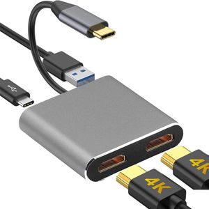 4 in 1 USB C HuB - Docking Station Laptop – Docking Station - 2 Schermen - Dubbele Monitor -– HDMI Splitter - USB C Naar HDMI (2x) – USB C 3.0 – 2x HDMI 4K@ 60hz – Universeel