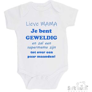 100% katoenen Romper ""Lieve MAMA je bent geweldig en zal een supermama zijn. Tot over een paar maanden!"" Jongens Katoen Wit/blauw Maat 68/74