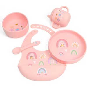 Kinderservies - Kinderbord - Siliconen slab - Kinderservies set 5 delig - Baby Eet Set - Kinder Drinkbeker - Baby Cadeau - BPA VRIJ - Serviesset - Roze