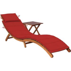 The Living Store Acacia Houten Ligbed met Tafel - 184x55x64 cm - Rood Kussen