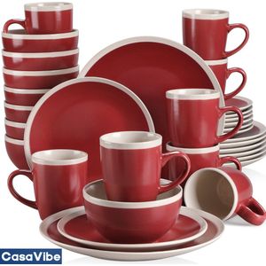 CasaVibe Luxe Serviesset – 32 delig – 8 persoons – Porselein - Bordenset – Dinner platen �– Dessertborden - Kommen - Mokken - Set - Rood - Wit