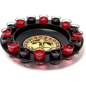 Roulette drinkspel, partyspel met draaiknop, borrelglazen & ballen, roulettespel voor feestjes, rood/zwart