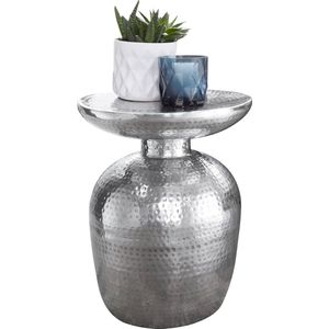Rootz Bijzettafel - Aluminium - Zilver - Oosterse ronde tafel - Moderne design metalen archieftafel - Kleine tafel met gehamerd accent - 36x46x36 cm