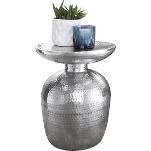 Bijzettafel - Aluminium - Zilver - Oosterse ronde tafel - Moderne design metalen archieftafel - Kleine tafel met gehamerd accent - 36x46x36 cm
