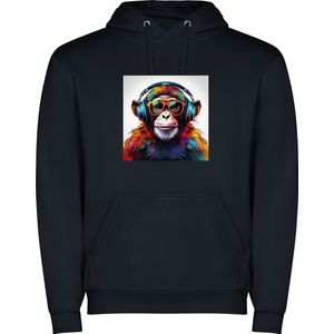 Donker Blauwe unisex hoodie met “ Kleurrijke Chimpansee met Bril en Koptelefoon“ Print Full Color merk Roly maat 104 3/4 jaar